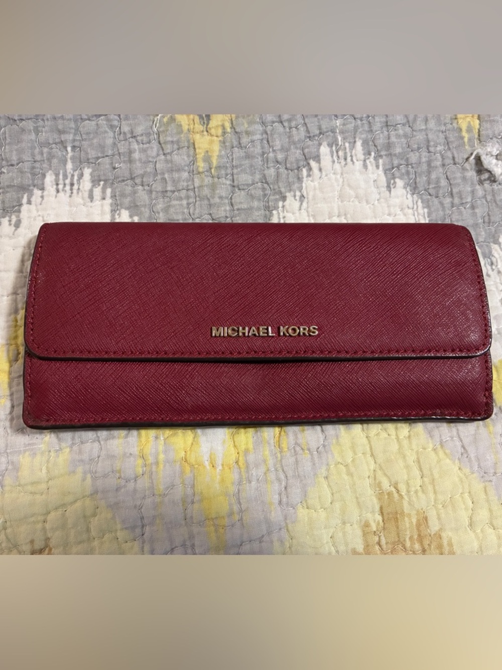 MICHAEL KORS Burgundy Saffiano Leather Continental Wallet with Gold Logo